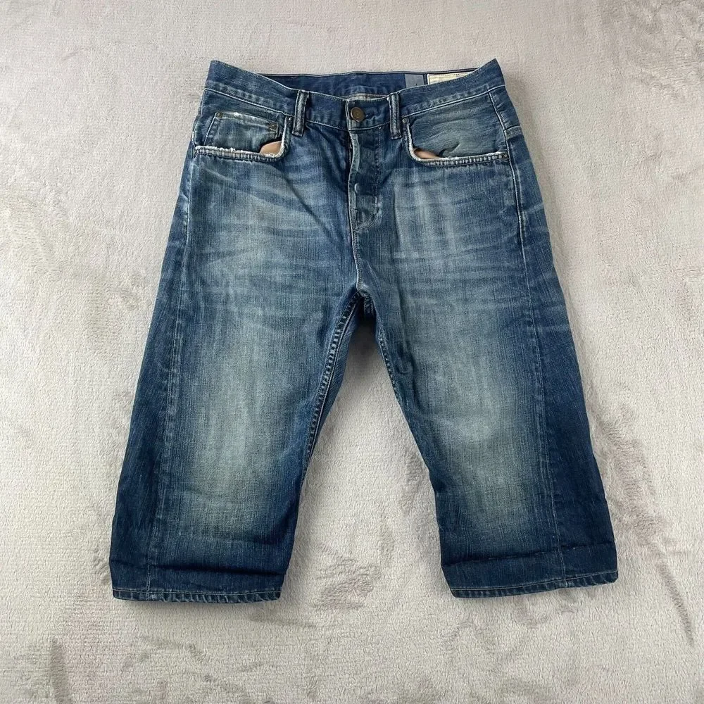 AllSaints Jean Falcon Shorts Men 30 Blue Washed Denim Designer Button Fly‎